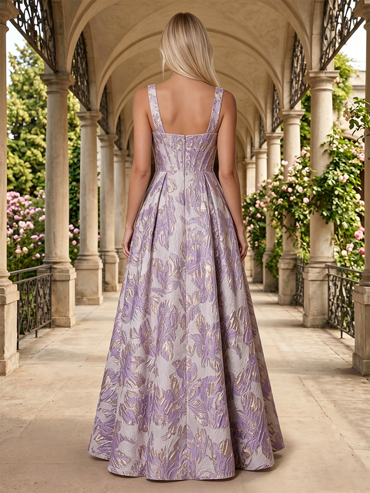 Jacquard A Line Square Neck Pleats Side Slit Evening Dresses