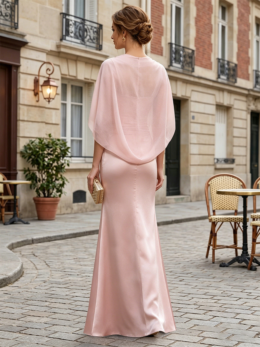 Satin Mermaid Ruched Strapless Cape Formal Dresses