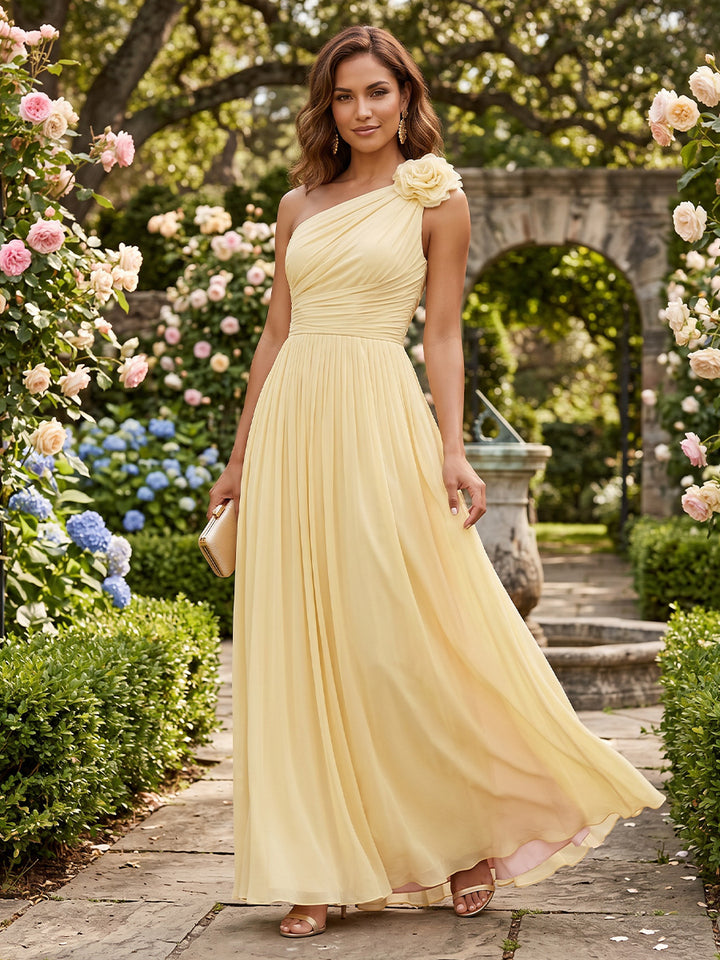 Chiffon A Line One Shoulder Pleats 3D Flowers Formal Dresses