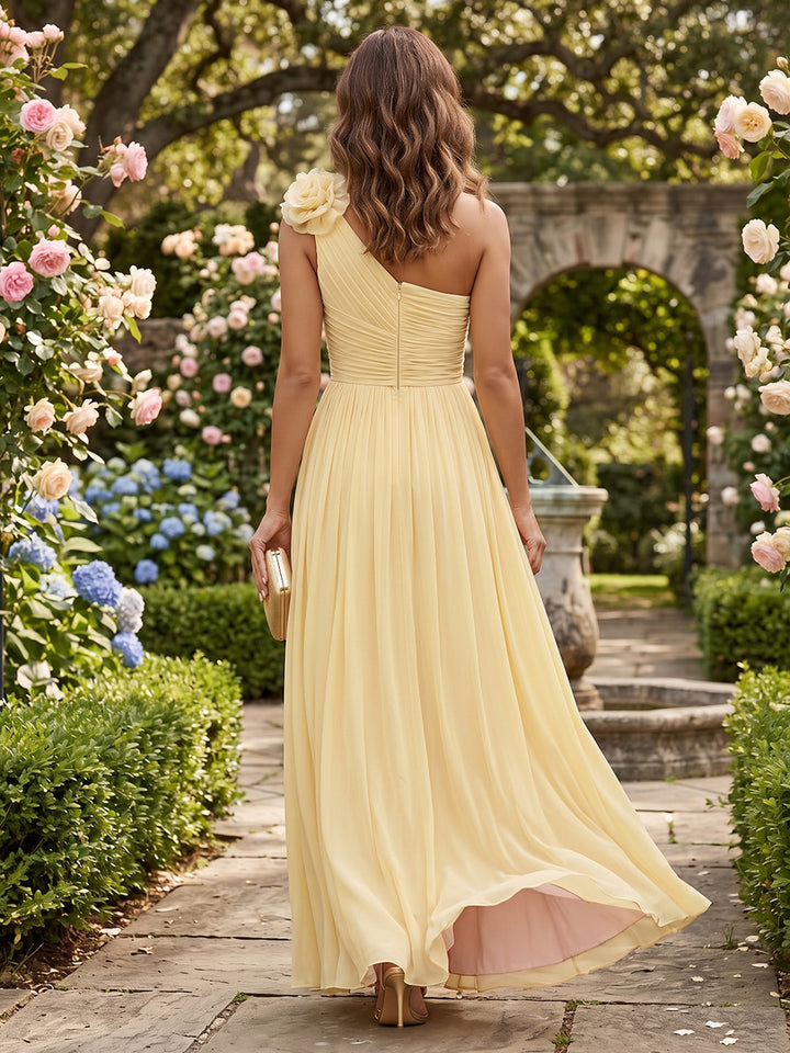 Chiffon A Line One Shoulder Pleats 3D Flowers Formal Dresses