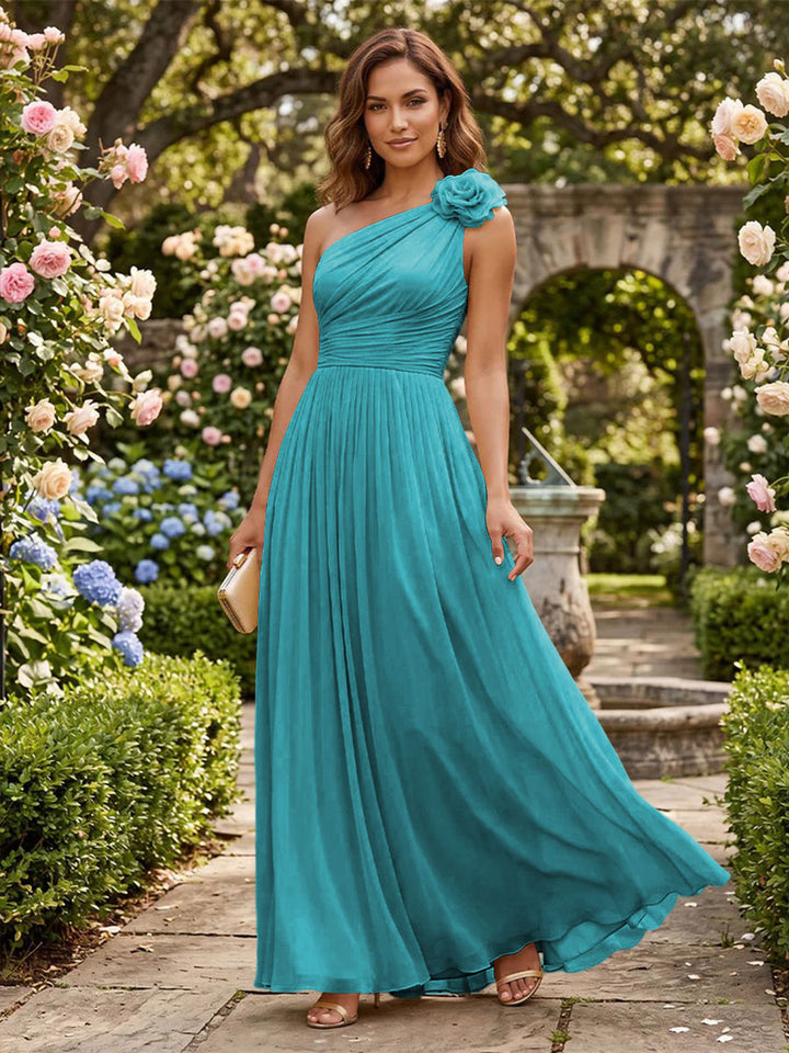 Chiffon A Line One Shoulder Pleats 3D Flowers Formal Dresses