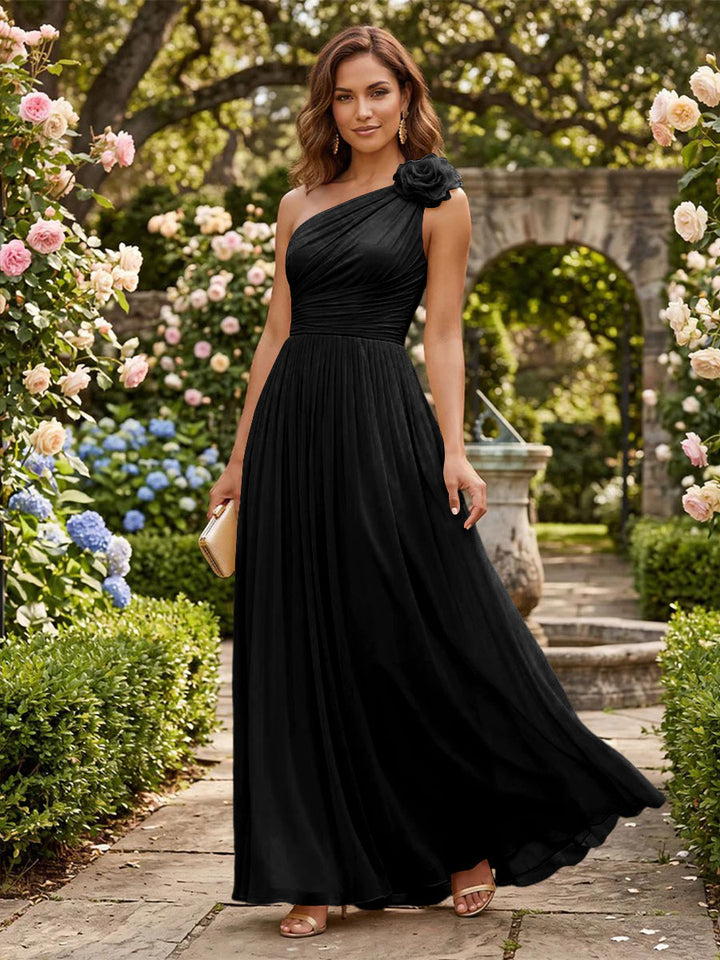 Chiffon A Line One Shoulder Pleats 3D Flowers Formal Dresses