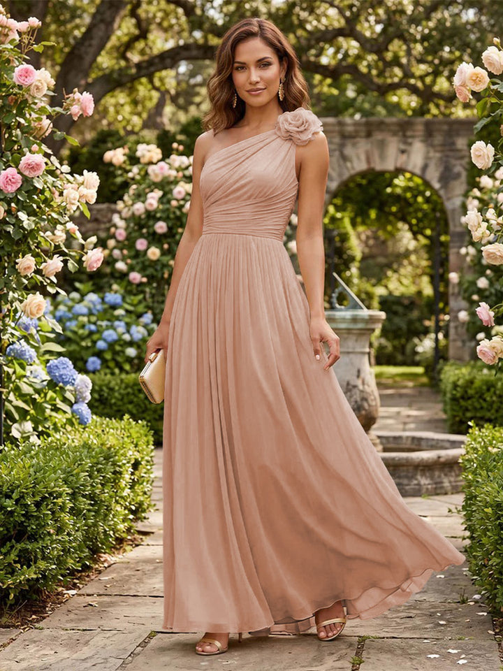 Chiffon A Line One Shoulder Pleats 3D Flowers Formal Dresses