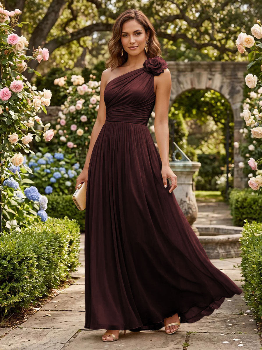 Chiffon A Line One Shoulder Pleats 3D Flowers Formal Dresses