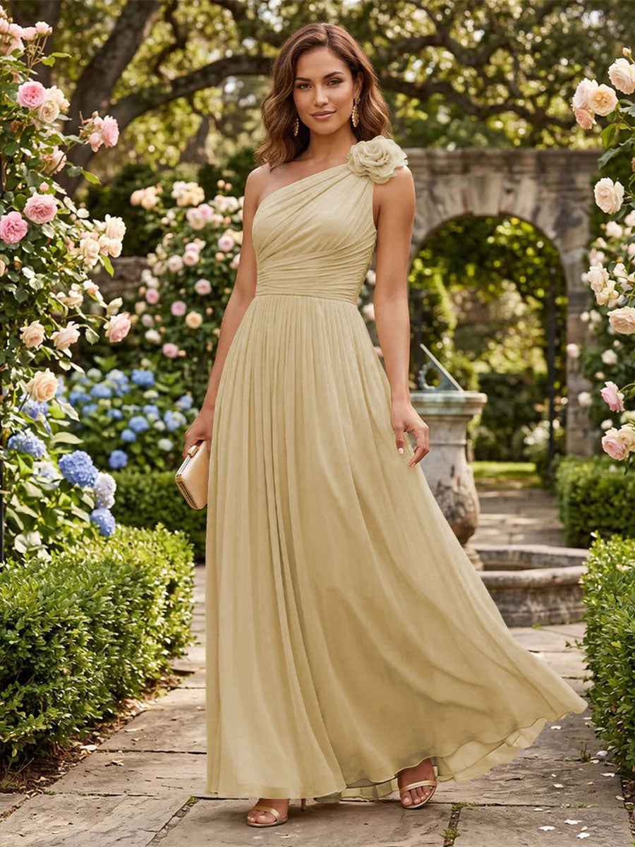 Chiffon A Line One Shoulder Pleats 3D Flowers Formal Dresses