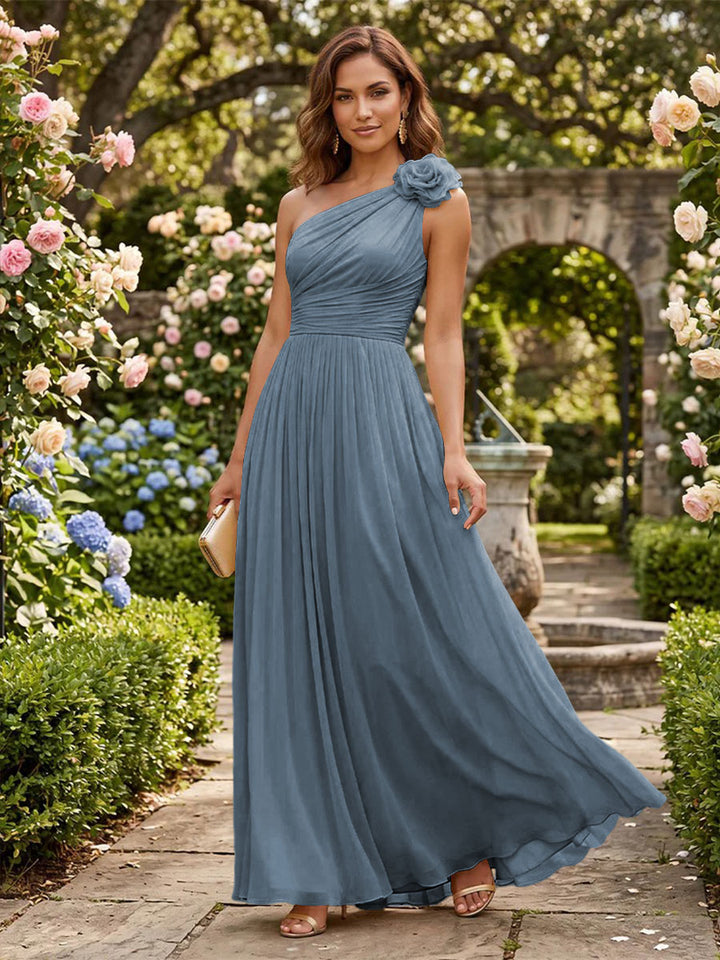 Chiffon A Line One Shoulder Pleats 3D Flowers Formal Dresses
