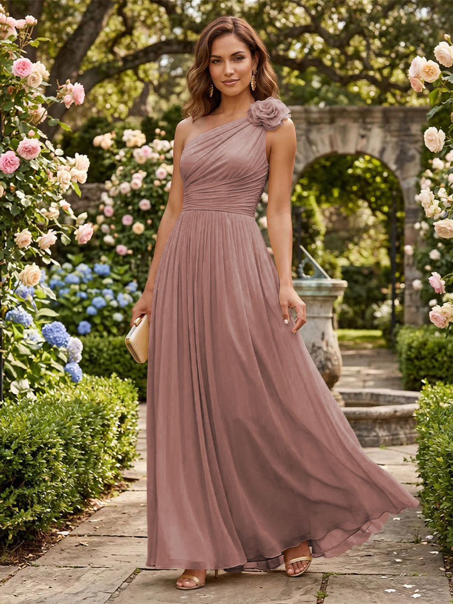 Chiffon A Line One Shoulder Pleats 3D Flowers Formal Dresses