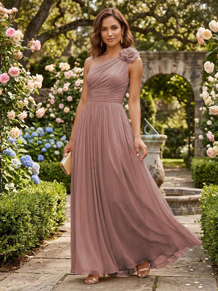 Chiffon A Line One Shoulder Pleats 3D Flowers Formal Dresses