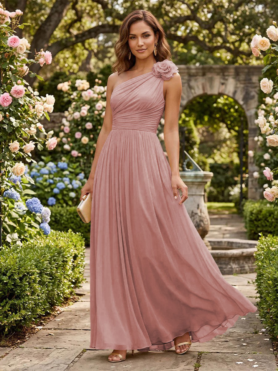 Chiffon A Line One Shoulder Pleats 3D Flowers Formal Dresses