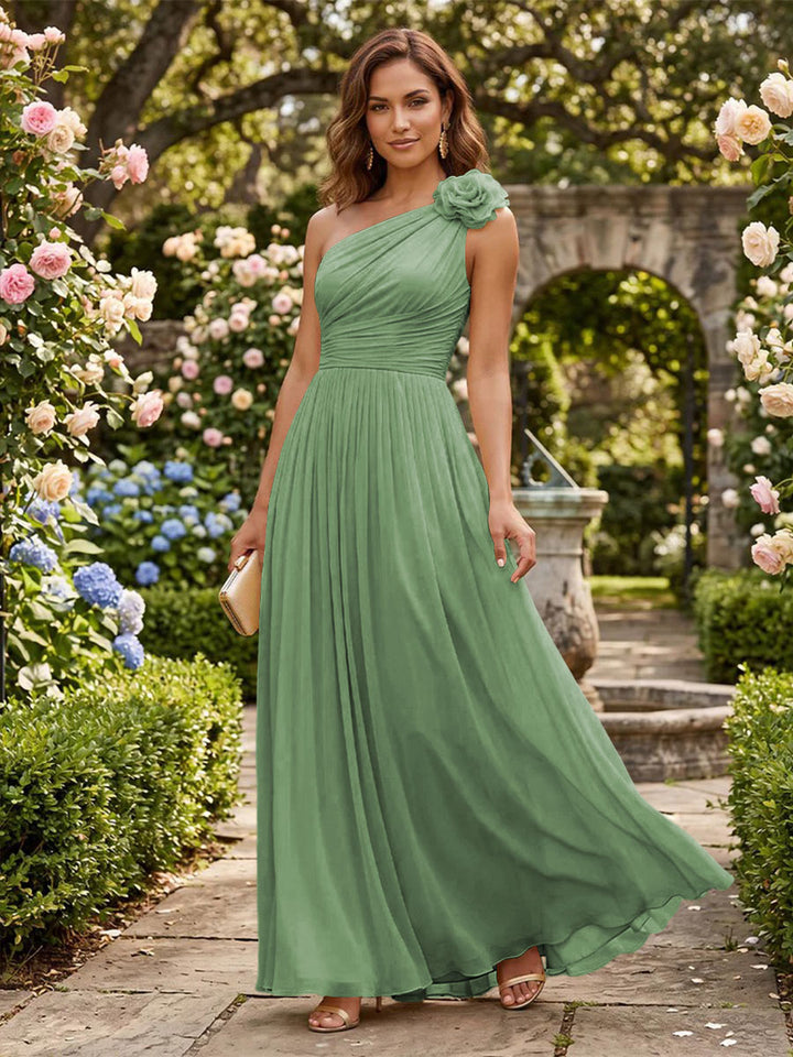 Chiffon A Line One Shoulder Pleats 3D Flowers Formal Dresses