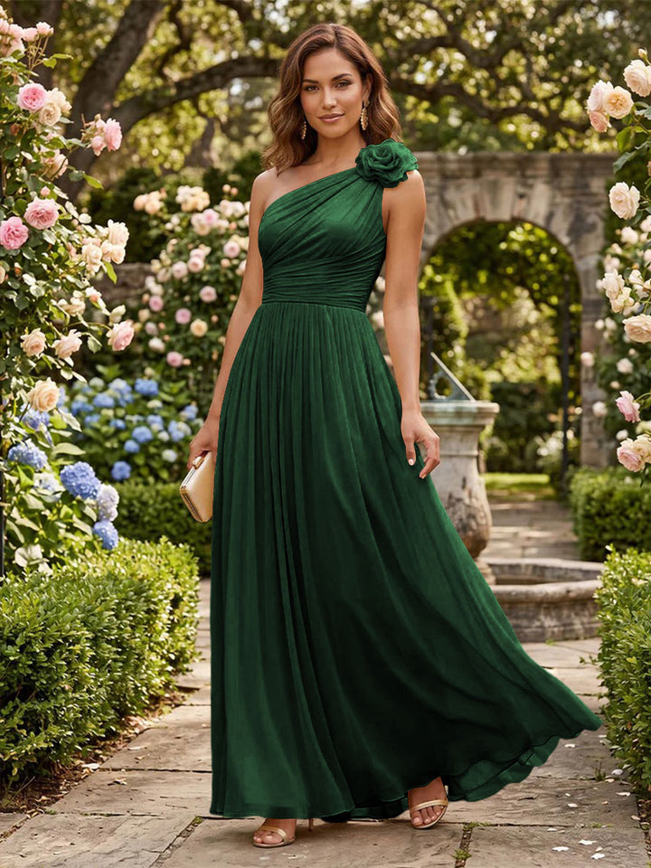 Chiffon A Line One Shoulder Pleats 3D Flowers Formal Dresses