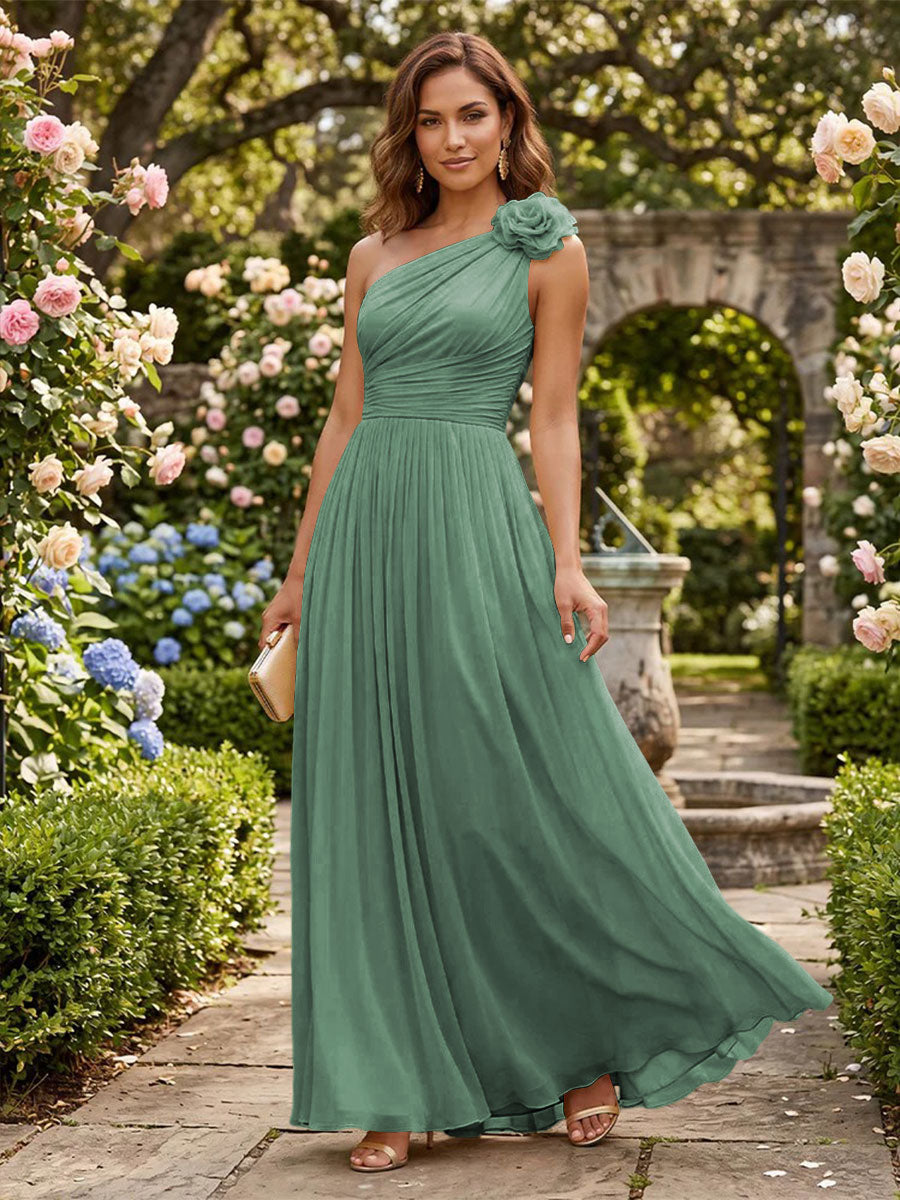 Chiffon A Line One Shoulder Pleats 3D Flowers Formal Dresses