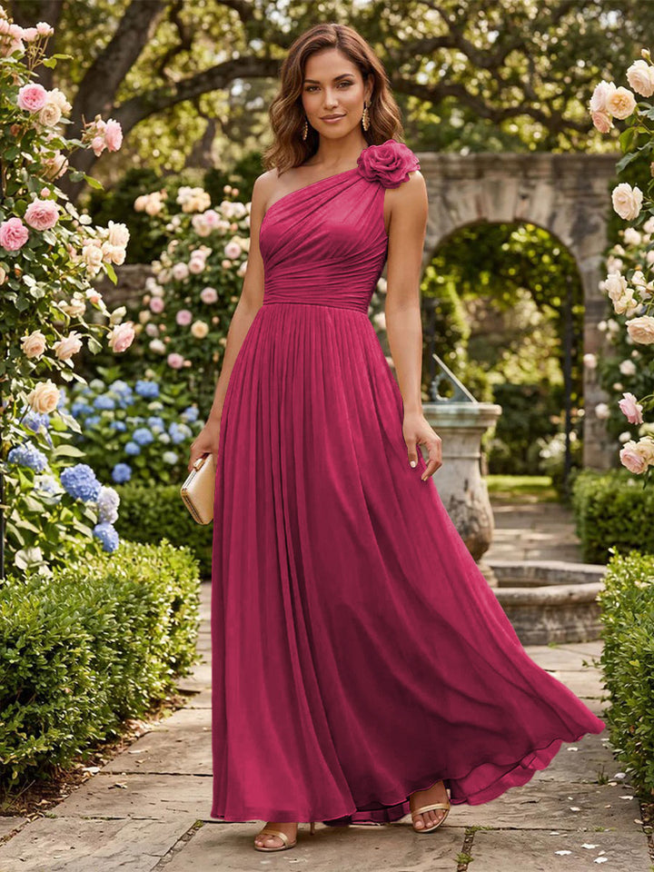 Chiffon A Line One Shoulder Pleats 3D Flowers Formal Dresses