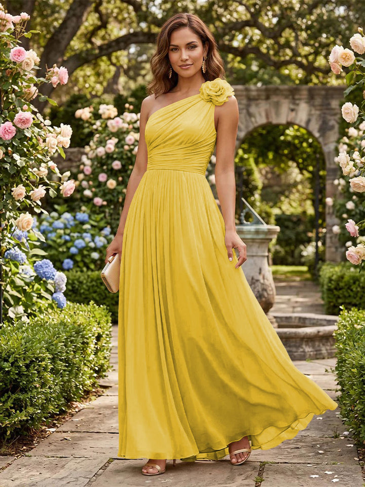 Chiffon A Line One Shoulder Pleats 3D Flowers Formal Dresses