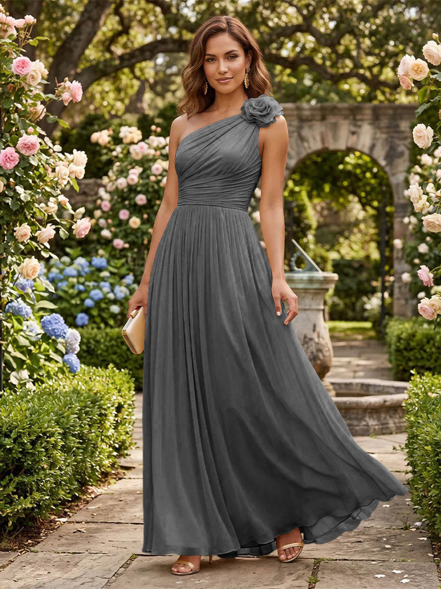 Chiffon A Line One Shoulder Pleats 3D Flowers Formal Dresses