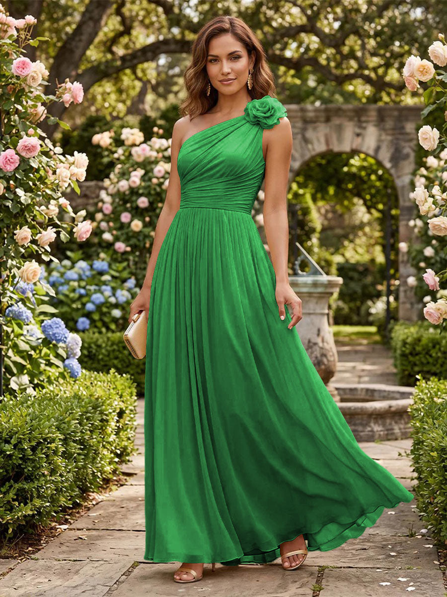 Chiffon A Line One Shoulder Pleats 3D Flowers Formal Dresses