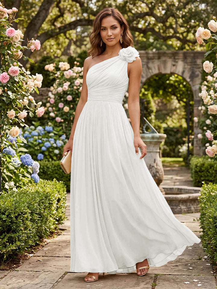 Chiffon A Line One Shoulder Pleats 3D Flowers Formal Dresses