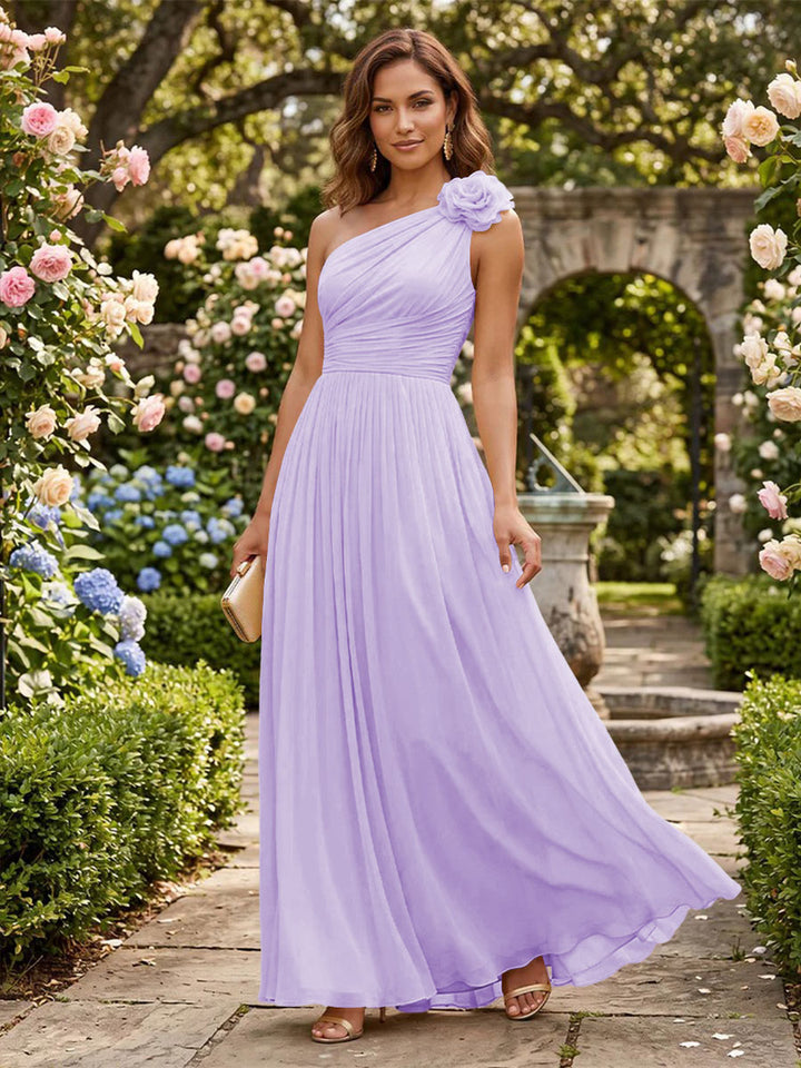 Chiffon A Line One Shoulder Pleats 3D Flowers Formal Dresses
