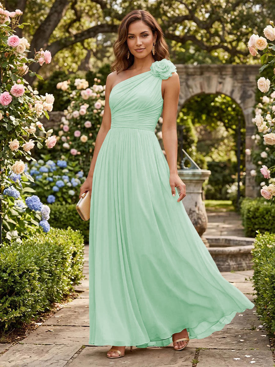 Chiffon A Line One Shoulder Pleats 3D Flowers Formal Dresses