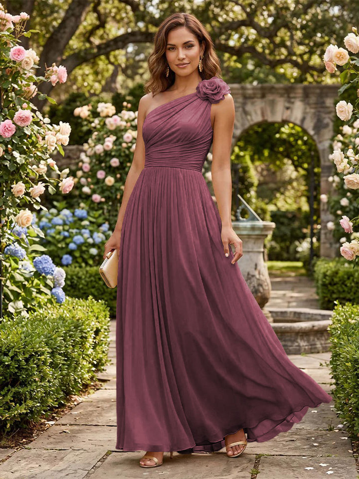 Chiffon A Line One Shoulder Pleats 3D Flowers Formal Dresses