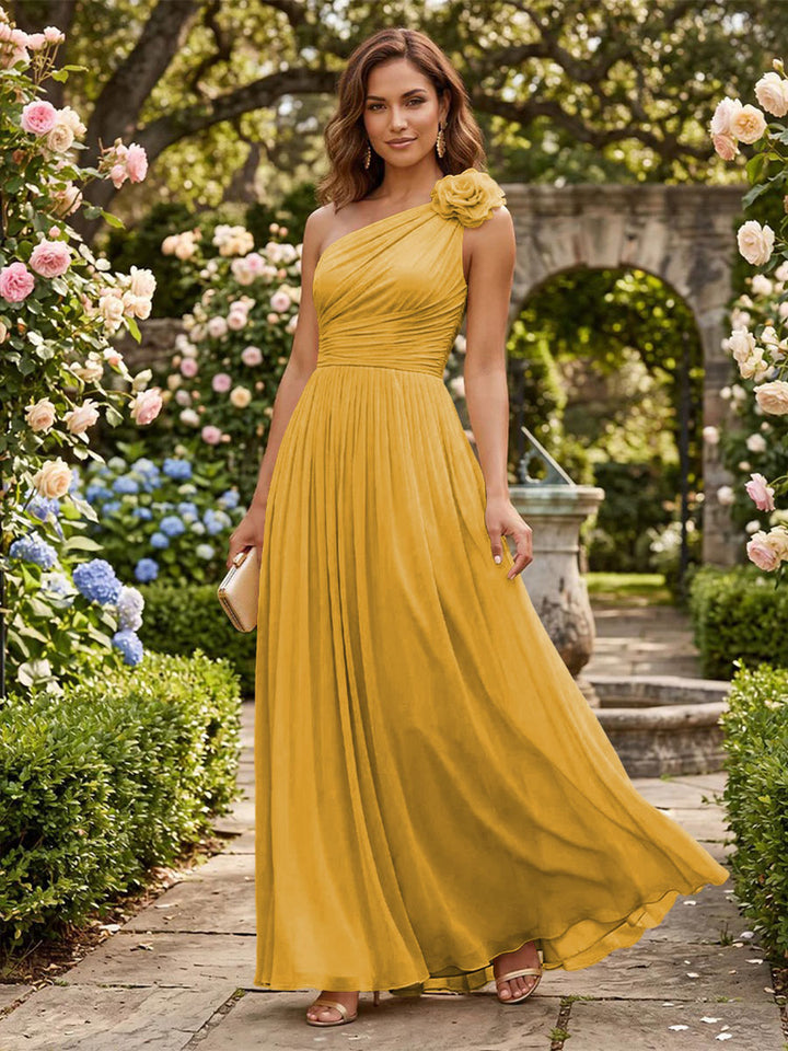 Chiffon A Line One Shoulder Pleats 3D Flowers Formal Dresses