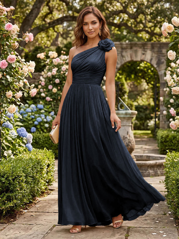 Chiffon A Line One Shoulder Pleats 3D Flowers Formal Dresses