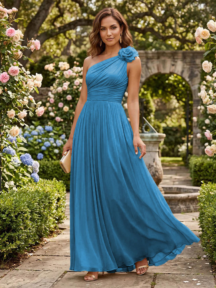 Chiffon A Line One Shoulder Pleats 3D Flowers Formal Dresses