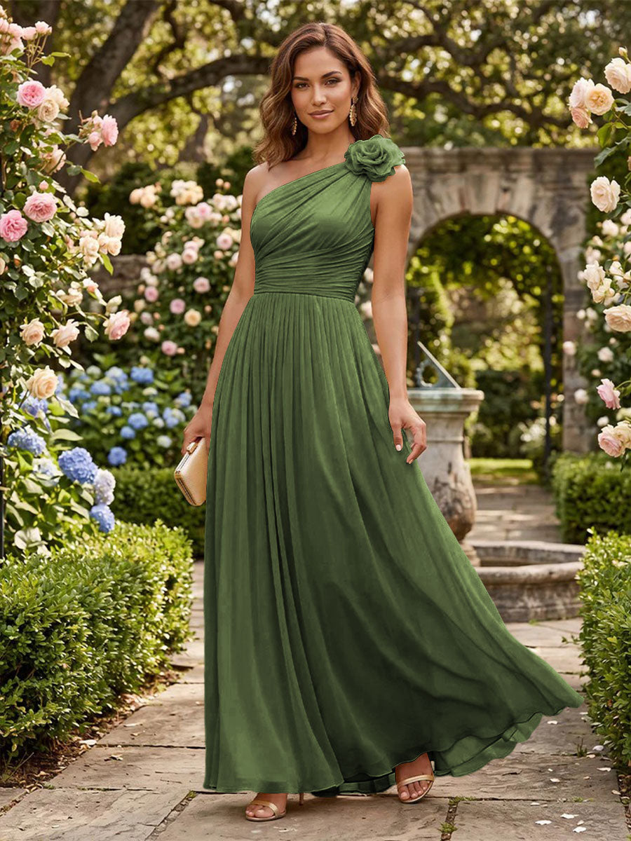 Chiffon A Line One Shoulder Pleats 3D Flowers Formal Dresses