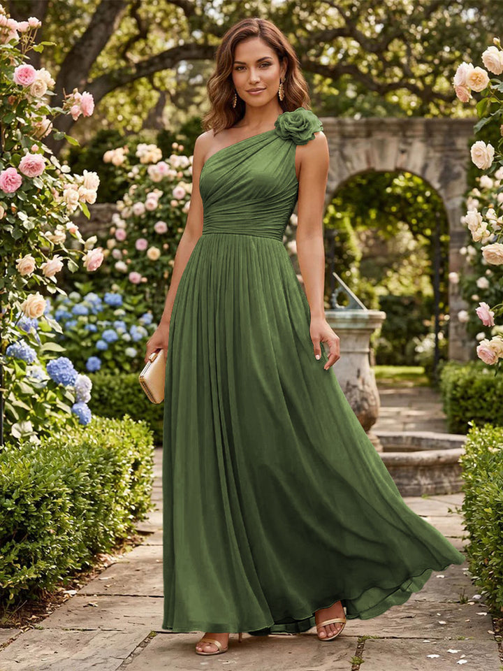 Chiffon A Line One Shoulder Pleats 3D Flowers Formal Dresses