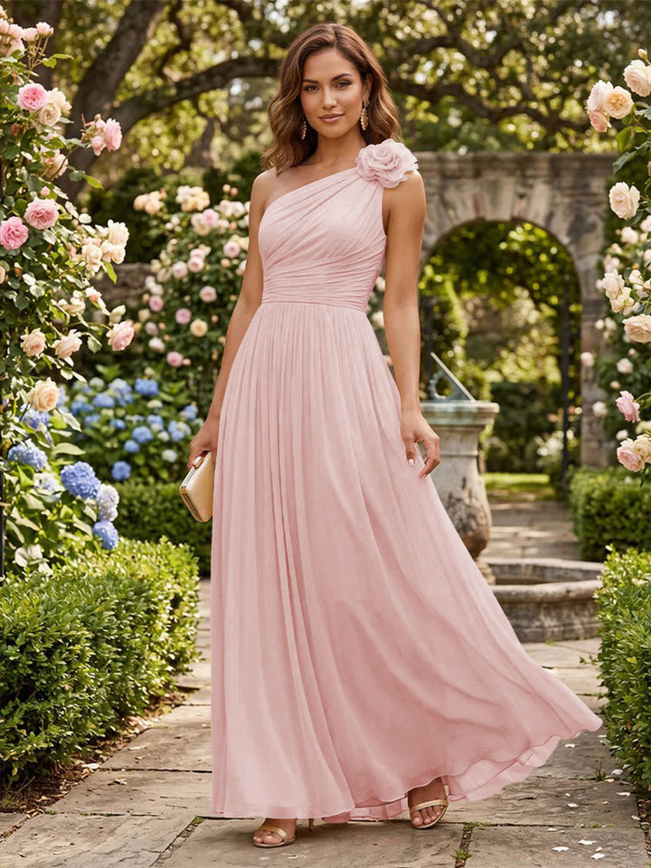 Chiffon A Line One Shoulder Pleats 3D Flowers Formal Dresses