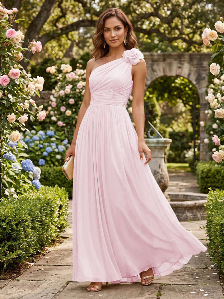Chiffon A Line One Shoulder Pleats 3D Flowers Formal Dresses