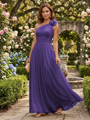 Chiffon A Line One Shoulder Pleats 3D Flowers Formal Dresses