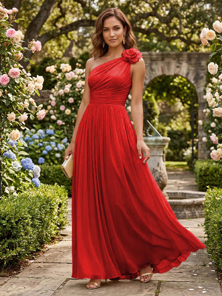 Chiffon A Line One Shoulder Pleats 3D Flowers Formal Dresses
