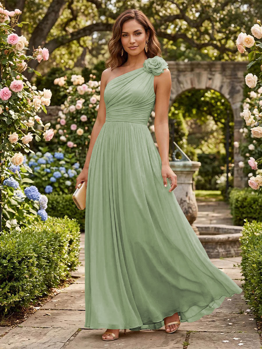 Chiffon A Line One Shoulder Pleats 3D Flowers Formal Dresses
