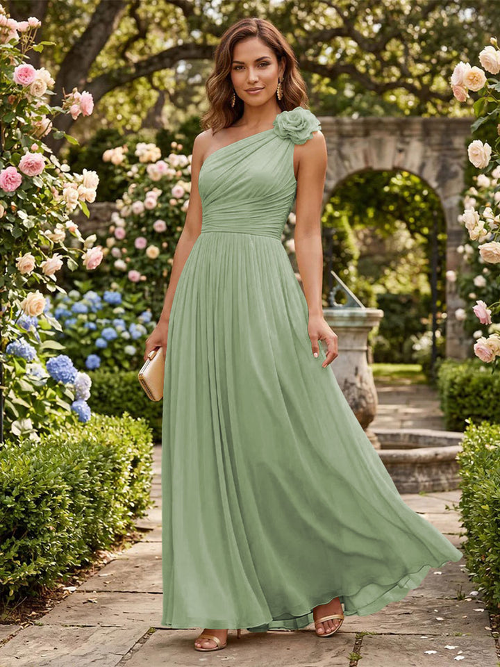 Chiffon A Line One Shoulder Pleats 3D Flowers Formal Dresses