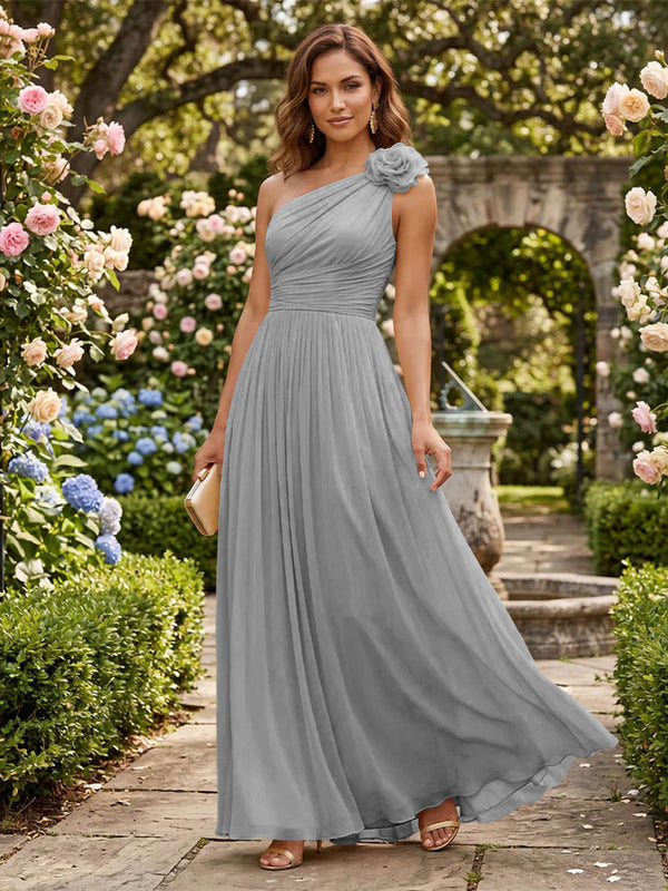 Chiffon A Line One Shoulder Pleats 3D Flowers Formal Dresses