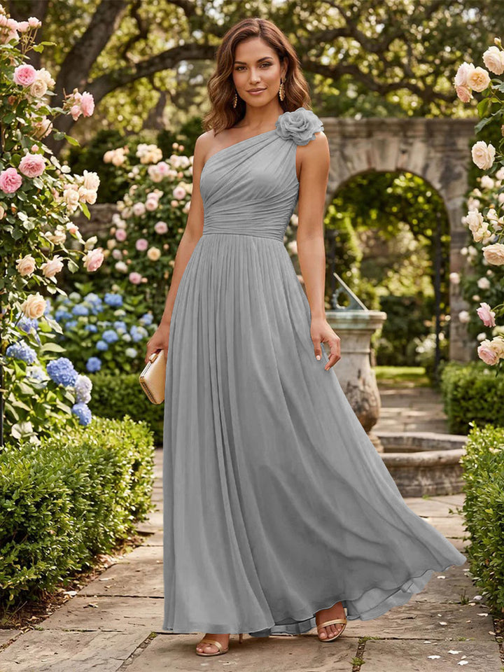 Chiffon A Line One Shoulder Pleats 3D Flowers Formal Dresses