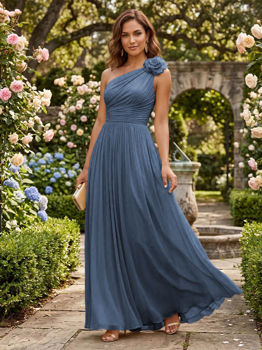 Chiffon A Line One Shoulder Pleats 3D Flowers Formal Dresses