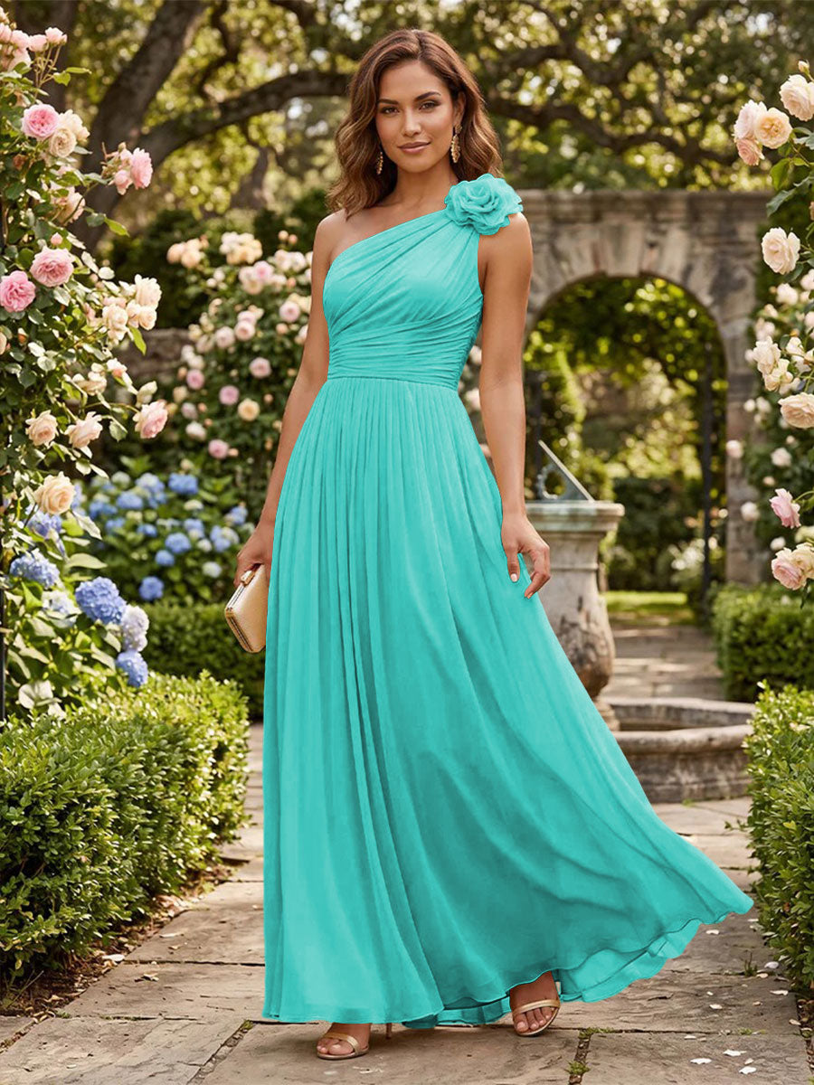Chiffon A Line One Shoulder Pleats 3D Flowers Formal Dresses