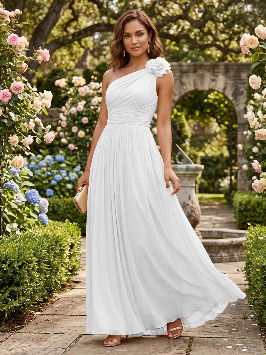 Chiffon A Line One Shoulder Pleats 3D Flowers Formal Dresses