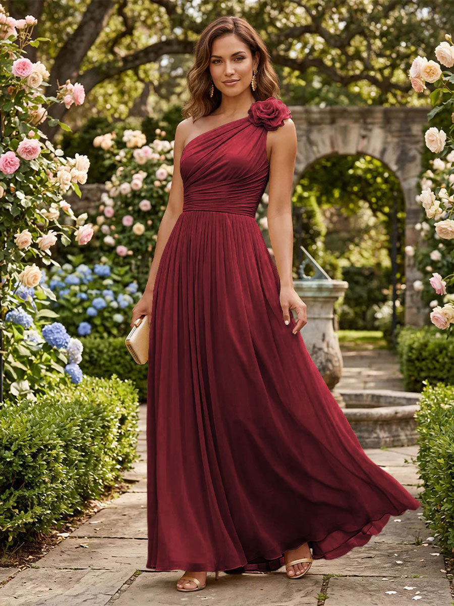 Chiffon A Line One Shoulder Pleats 3D Flowers Formal Dresses