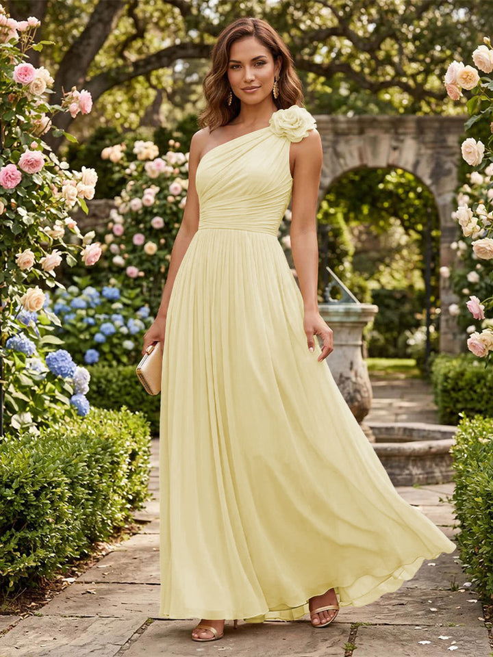 Chiffon A Line One Shoulder Pleats 3D Flowers Formal Dresses