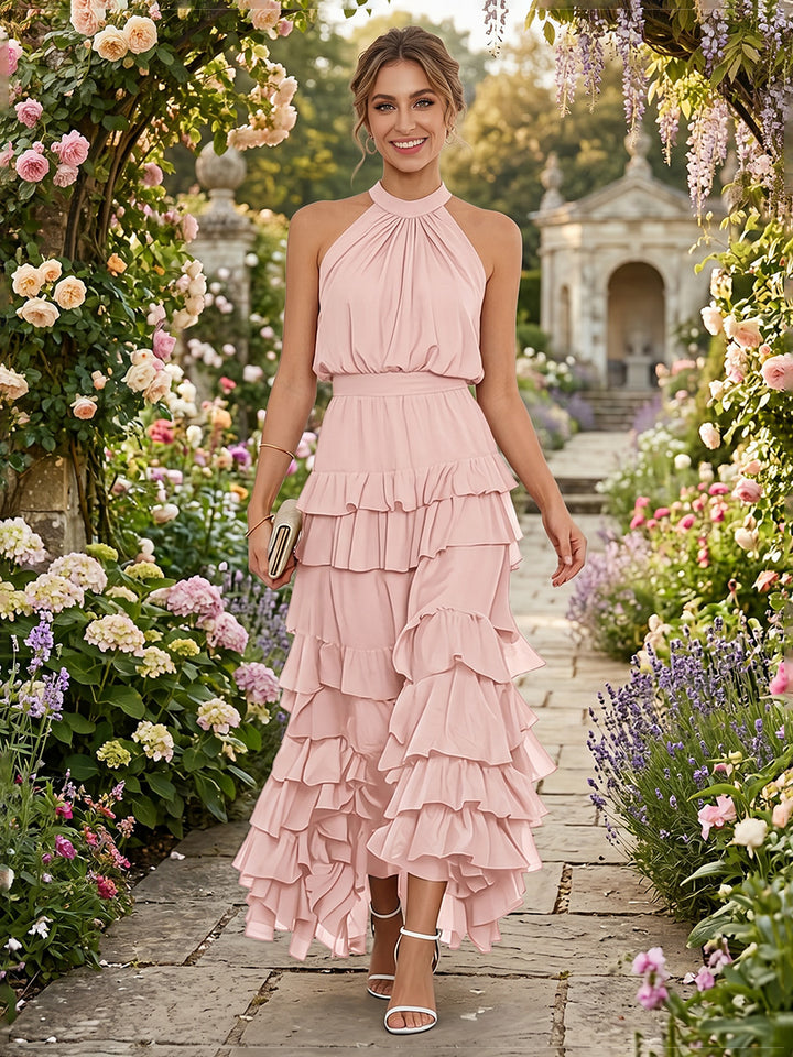 Chiffon A Line Halter Layered Pleats Formal Dresses