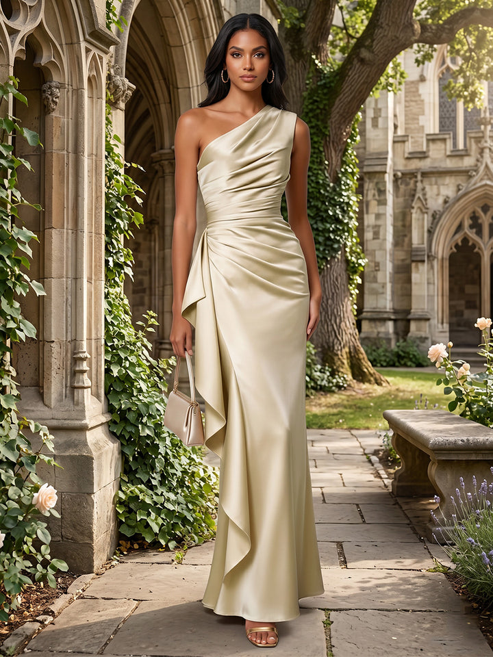 Satin Mermaid One Shoulder Ruffles Ruched Formal Dresses