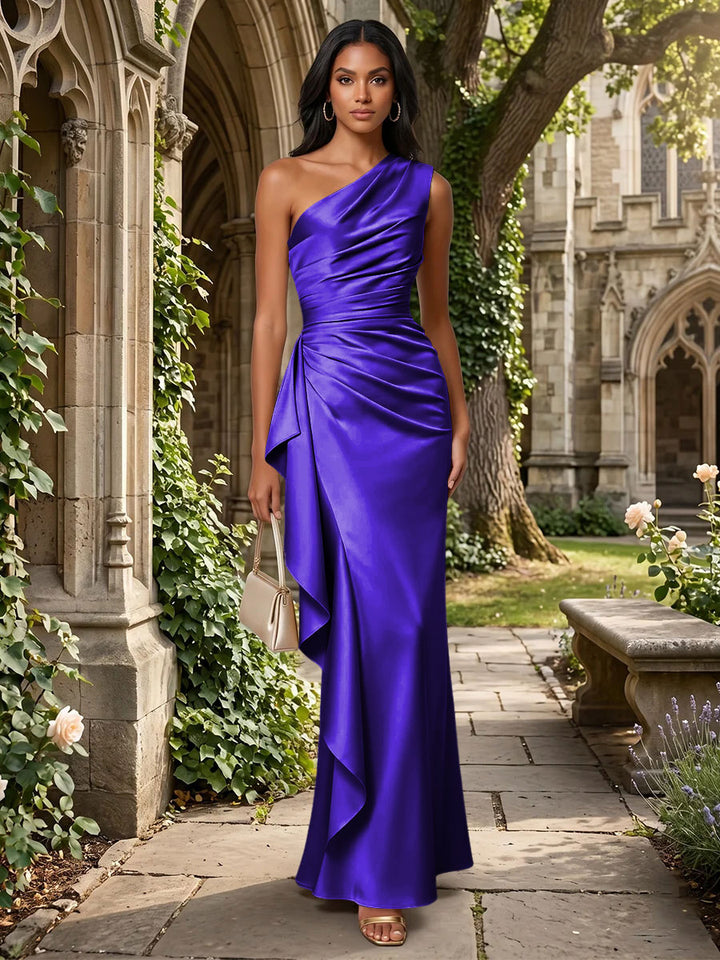 Satin Mermaid One Shoulder Ruffles Ruched Formal Dresses