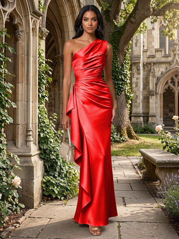 Satin Mermaid One Shoulder Ruffles Ruched Formal Dresses