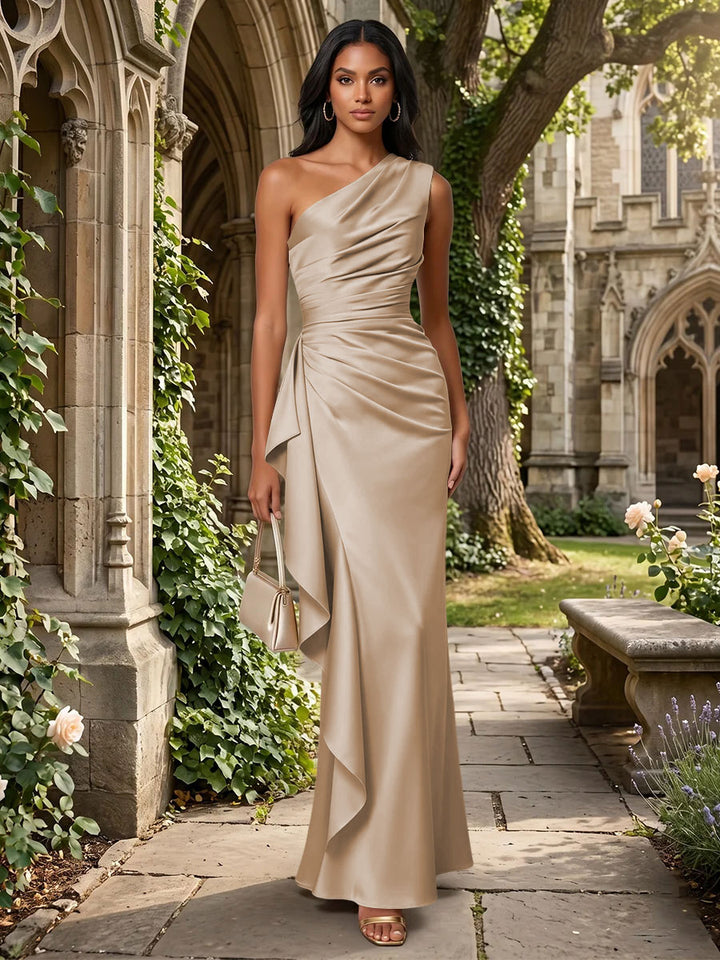 Satin Mermaid One Shoulder Ruffles Ruched Formal Dresses
