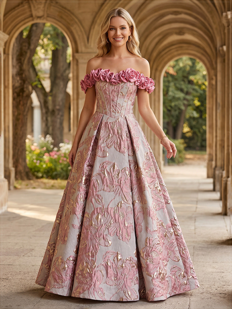 Jacquard A Line Off the Shoulder 3D Flowers Pleats Evening Dresses