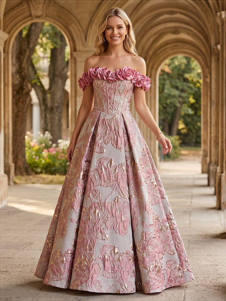 Jacquard A Line Off the Shoulder 3D Flowers Pleats Evening Dresses