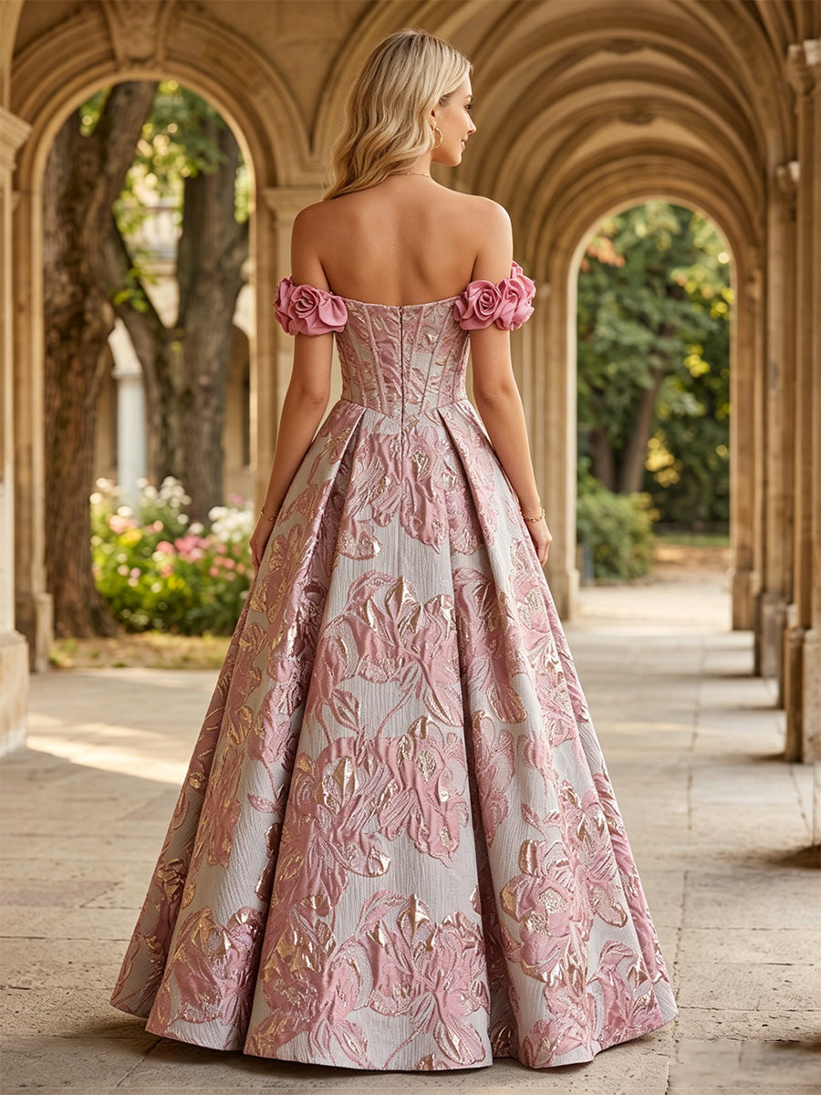 Jacquard A Line Off the Shoulder 3D Flowers Pleats Evening Dresses